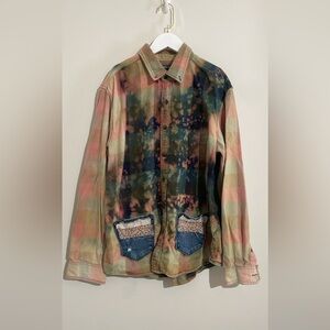 Eddie Bauer Upcycled Multicolor Tie-Dye Plaid Shirt with Denim Pockets.